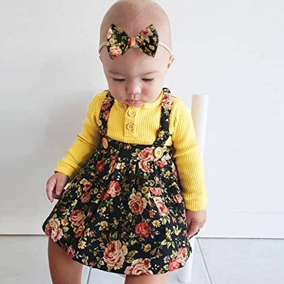 Children Kids Girls Yellow Shirt + Floral Suspende - Picture 2 of 4